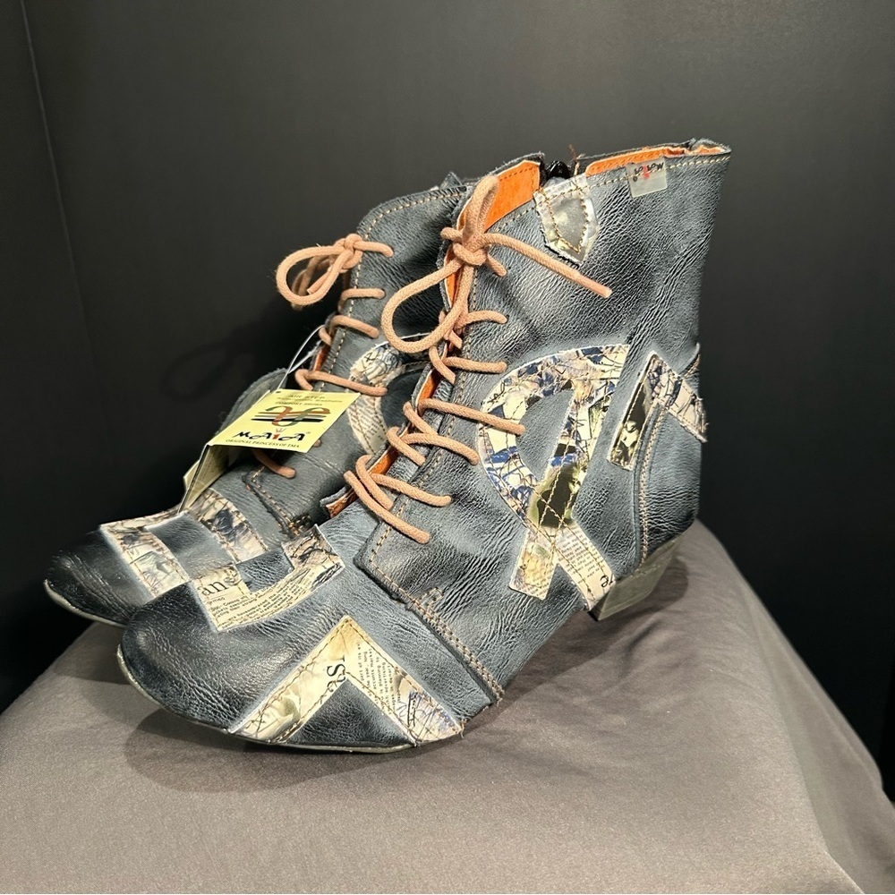 TMA Maia Stylish Patchwork Heeled Boots in Distressed Black and Tan